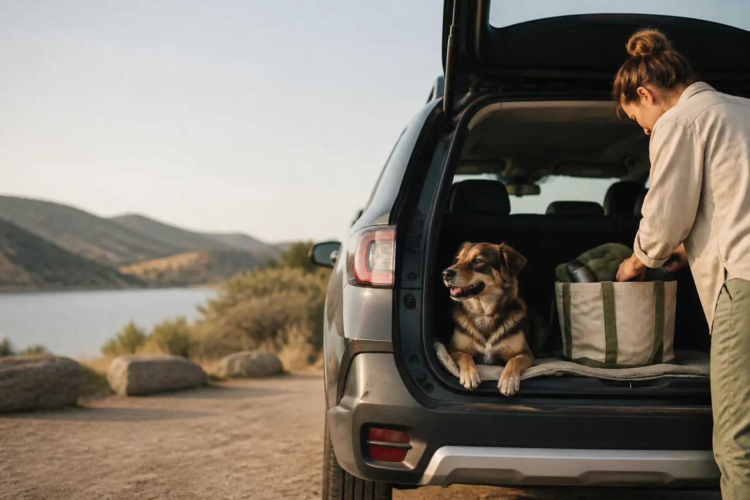 Dog and owner organizing for a parked-car road trip