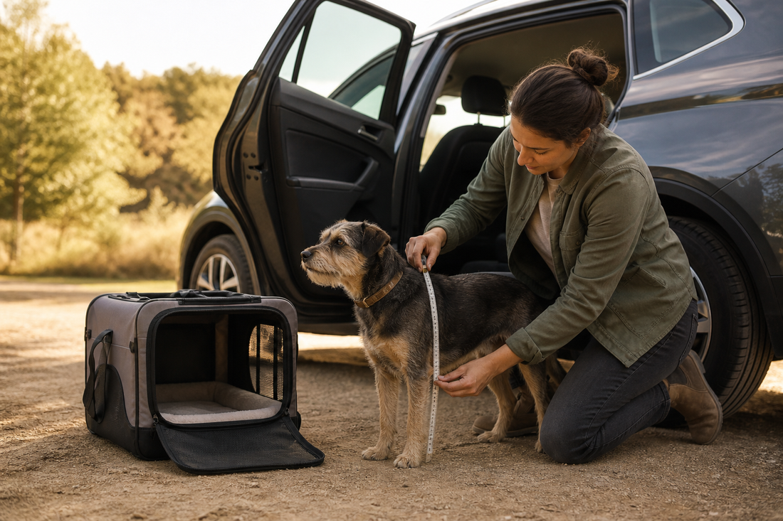 Dog owner measuring a dog beside an open travel carrier and parked car