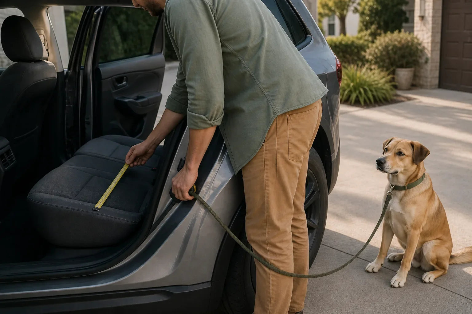 Dog owner measuring a parked car's rear bench while holding the dog's leash