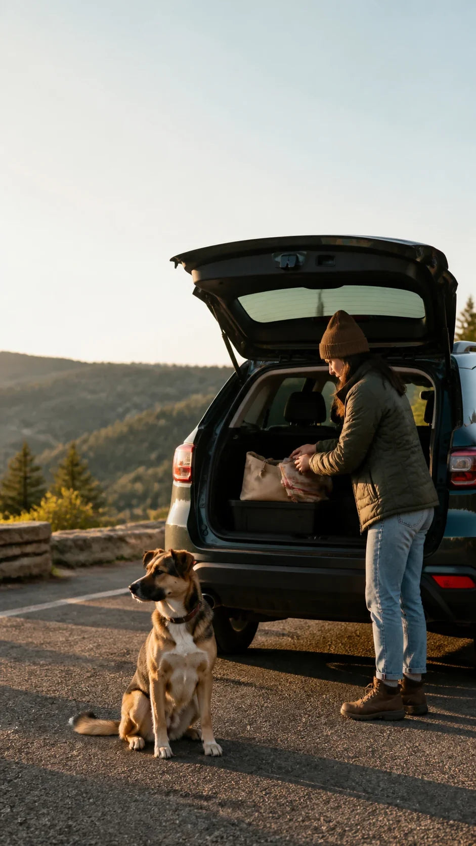 Dog waiting beside a parked car while travel essentials are organized for a roadside stop